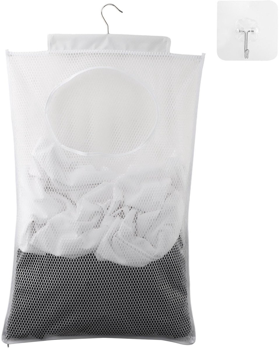 Dailygoods - Duurzame waszak - Op te hangen wasmand - Doorzichtige mesh-polyester - Wit - Zelfklevende haken - Perfect voor organisatie - Ideaal voor...