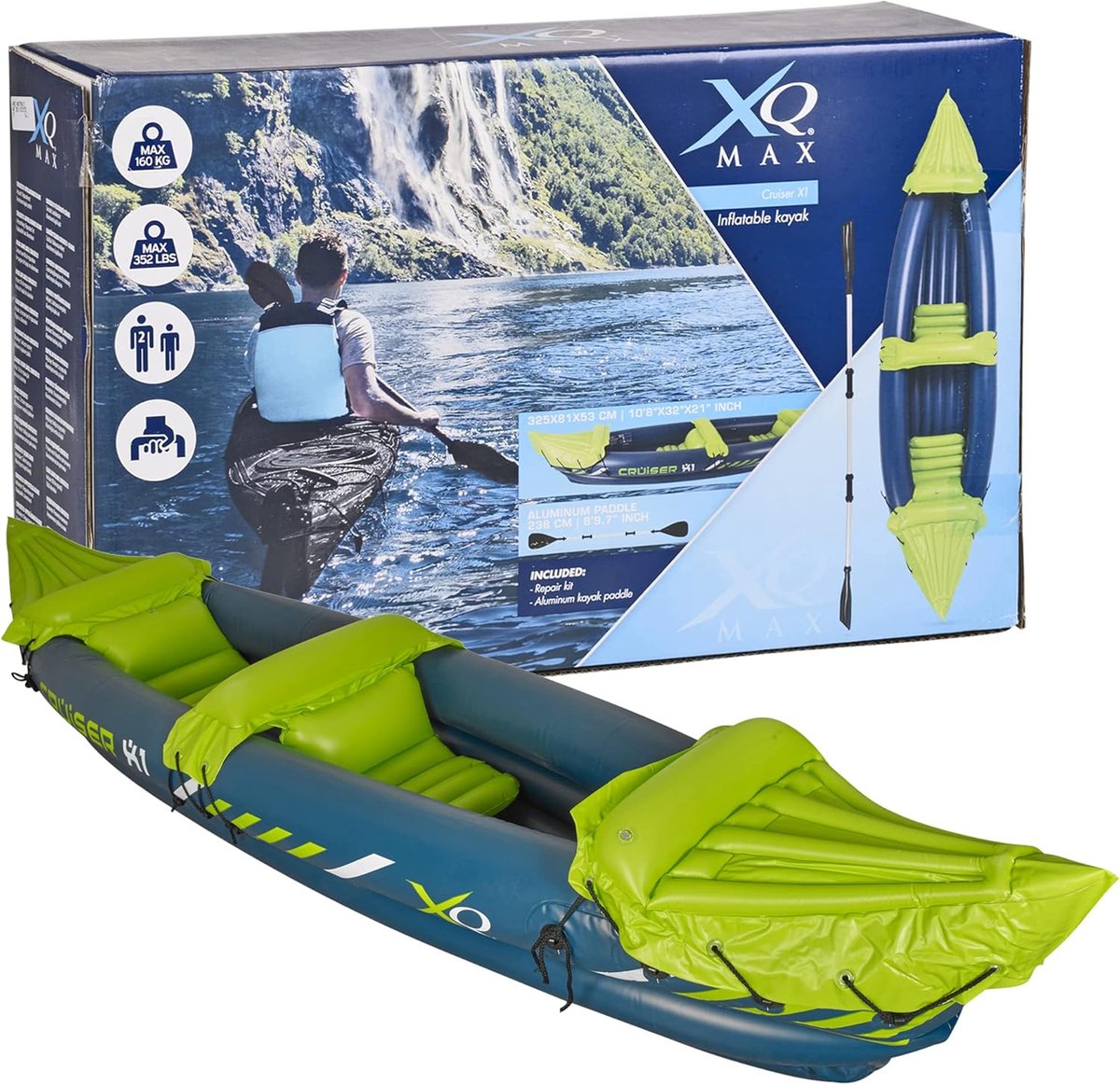 Opblaasbare Kajak - Kano Rubberboot - Waterpret Beleven - Compact Opvouwbaar - 325 cm Lengte - Blauw Groen