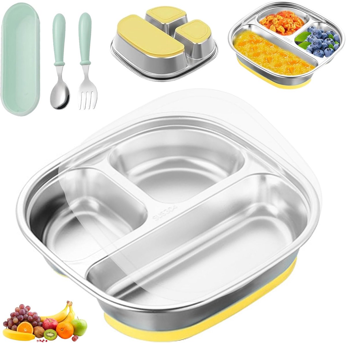Kinderbord met zuignap - Babyvoeding bord - Zelfstandig eten - RVS met vakjes - 20x19x5 cm - Zilverkleurig