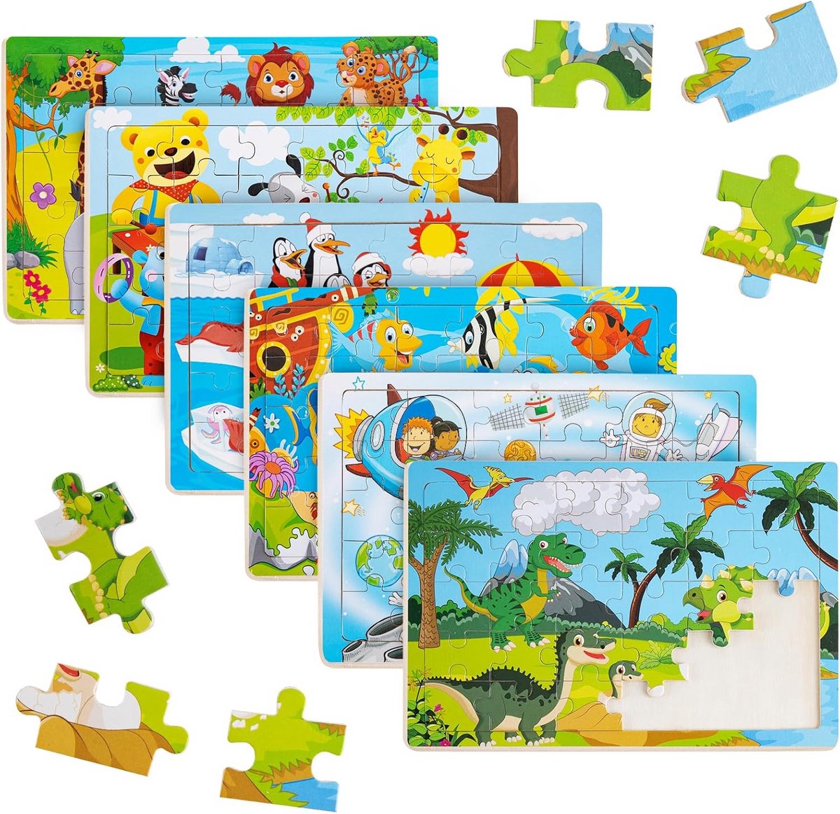 Houten Puzzels - Kinderspel - Leren Puzzelen - Met Handvatten - 6 Stukken - Multicolor