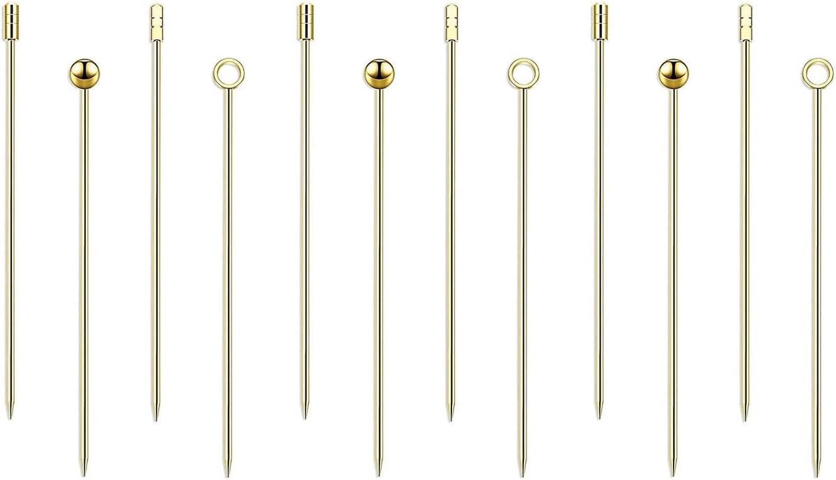 Dailygoods- Cocktail Spiesjes 11 cm - Herbruikbaar - RVS - Gouden Cocktailprikkers - Tapas Prikkers - Vaatwasmachinebestendig - 12 Stuks