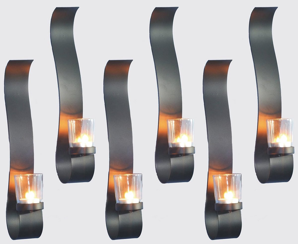 Wandkandelaars Metaal - Theelichthouders Glas - Sfeerverlichting Creëren - Set van Zes - 10 x 34.5 cm - Zwart