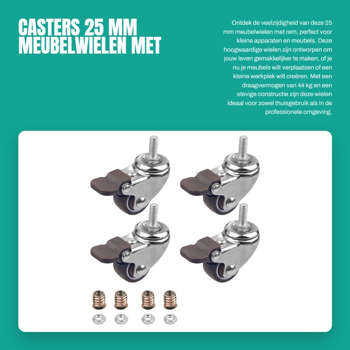 Dailygoods- Meubelwielen 25 mm - Zwenkwielen met Rem - TPE Rubber - Schokbestendig - Draaibaar 360 Graden - Laadcapaciteit 11 kg per Rol - Transportwielen