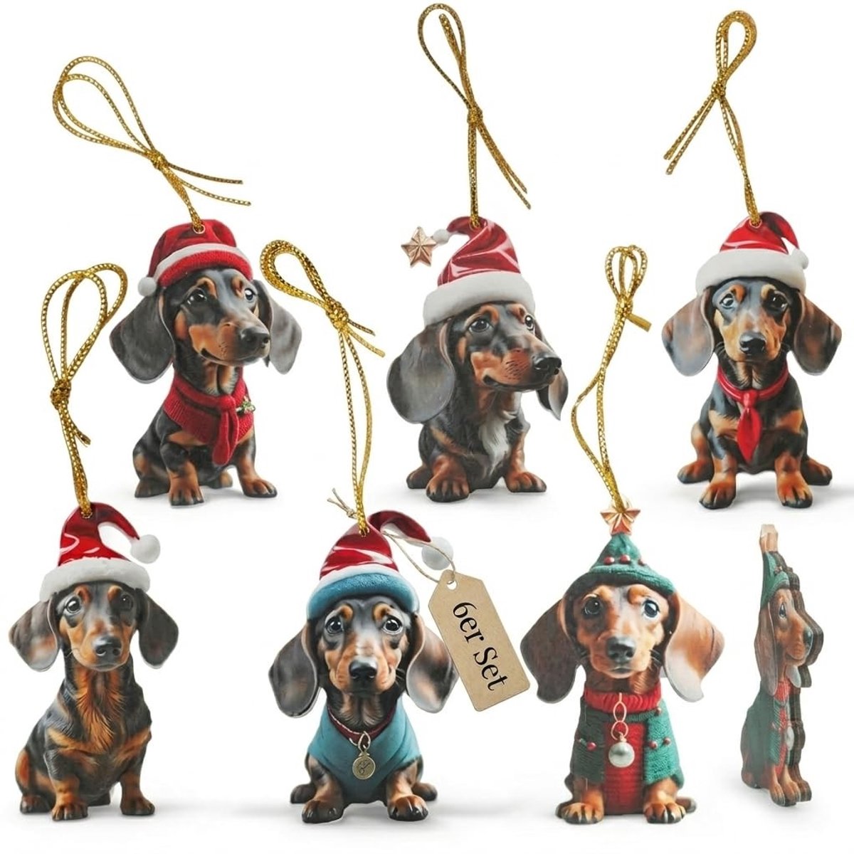 Dailygoods- Kerstboomversiering set van 6 - Teckel figuren - Acryl hangers - Dieren decoratie - Winterse versiering - 8 x 5 cm - Kerstdecoratie