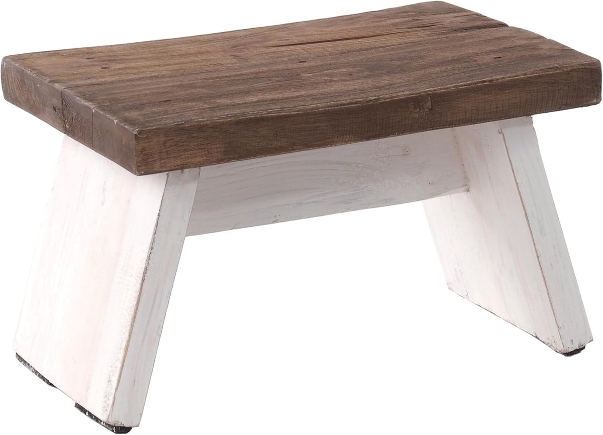 Rustieke Kruk - Houten Schemel - Voeten Rusten - Handgemaakt van Gerecycled Hout - 29x19.5x18.5 cm - Wit Naturel