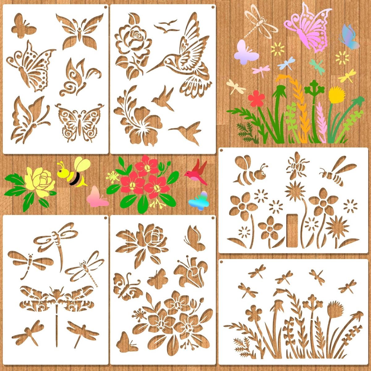 Dailygoods- Bloemensjablonen Set van 6 - Grote Stencils - Vlindersjablonen - Houten Hek - Duurzaam PET-Materiaal - Creatieve Decoratie - Schilderstencils
