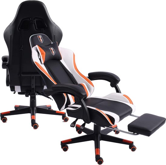 Ergonomische bureaustoel - Gamestoel lederlook - Comfortabel werken - Uittrekbare voetensteun - 126 cm hoog - Zwart wit oranje — afbeelding 2