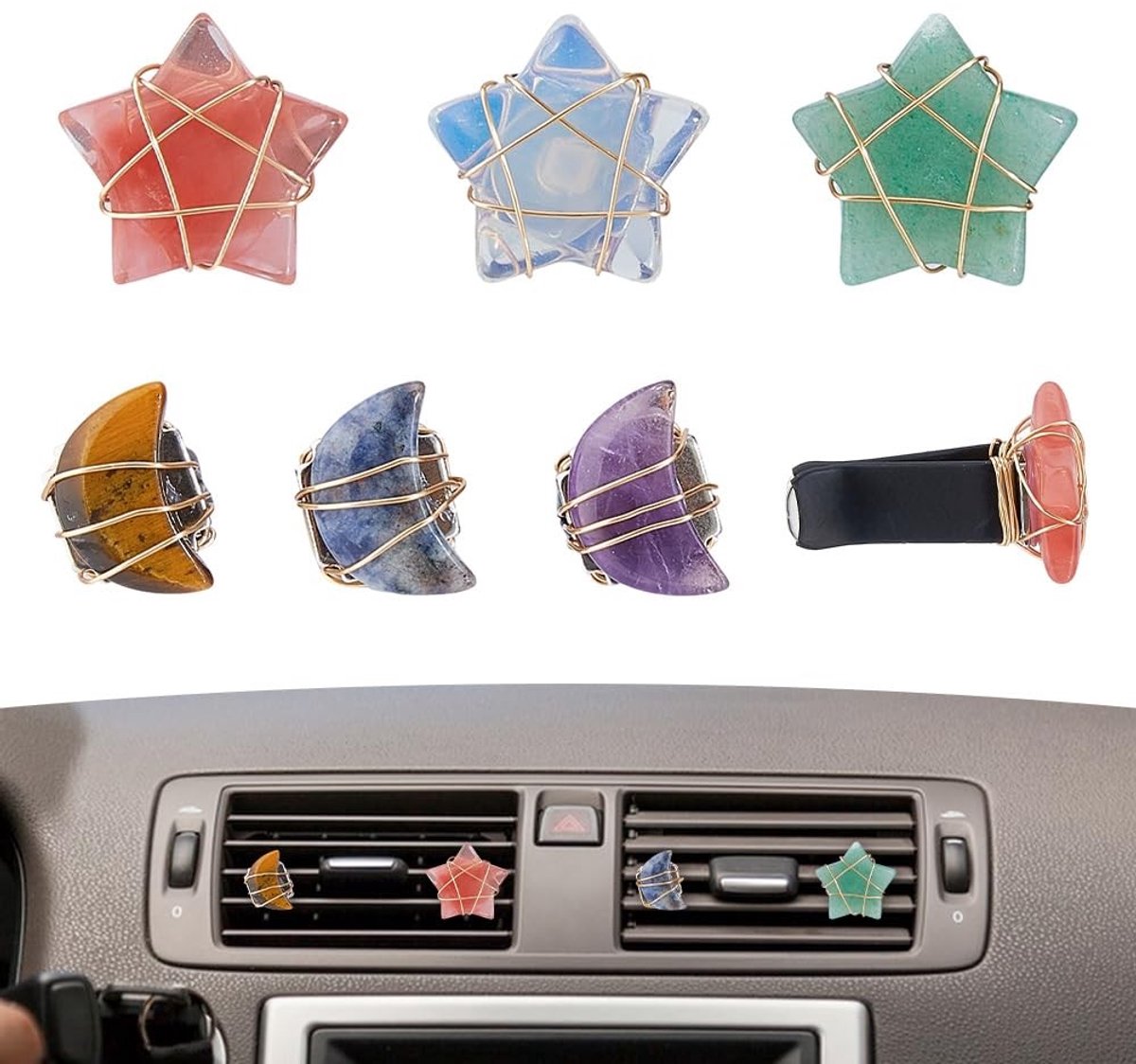 Dailygoods- Auto Vent Clips - 8 Stuks - Natuurlijke Kristallen - Ster/Maan Ontwerpen - Auto Decoratie - Luchtverfrisser Clip - Creatieve Accessoires