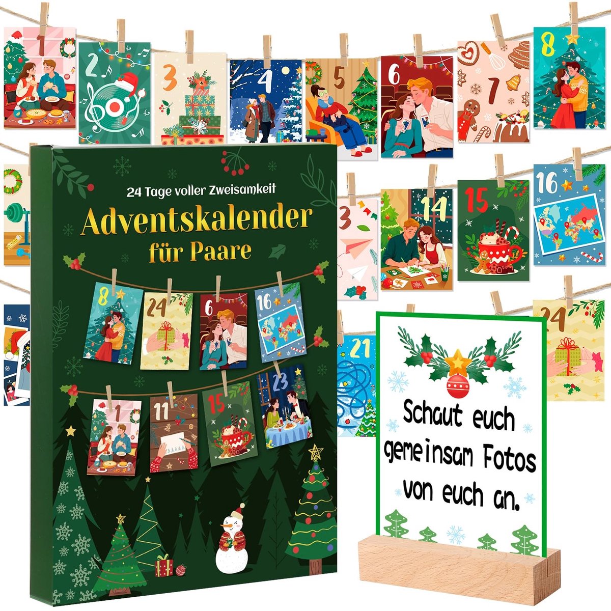Dailygoods- Adventskalender 2025 voor Koppels - 24 Kaarten - Houten Klemmen - Tafelkalender - Wanddecoratie - Romantische Gesprekken - Koppelkalender