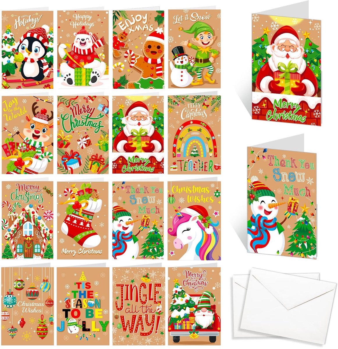 Dailygoods- Kerstkaarten set 32 stuks - Kleine kerstkaarten - Wenskaarten zonder tekst - Envelopset - 16 kerstpatronen - 8 x 11 cm