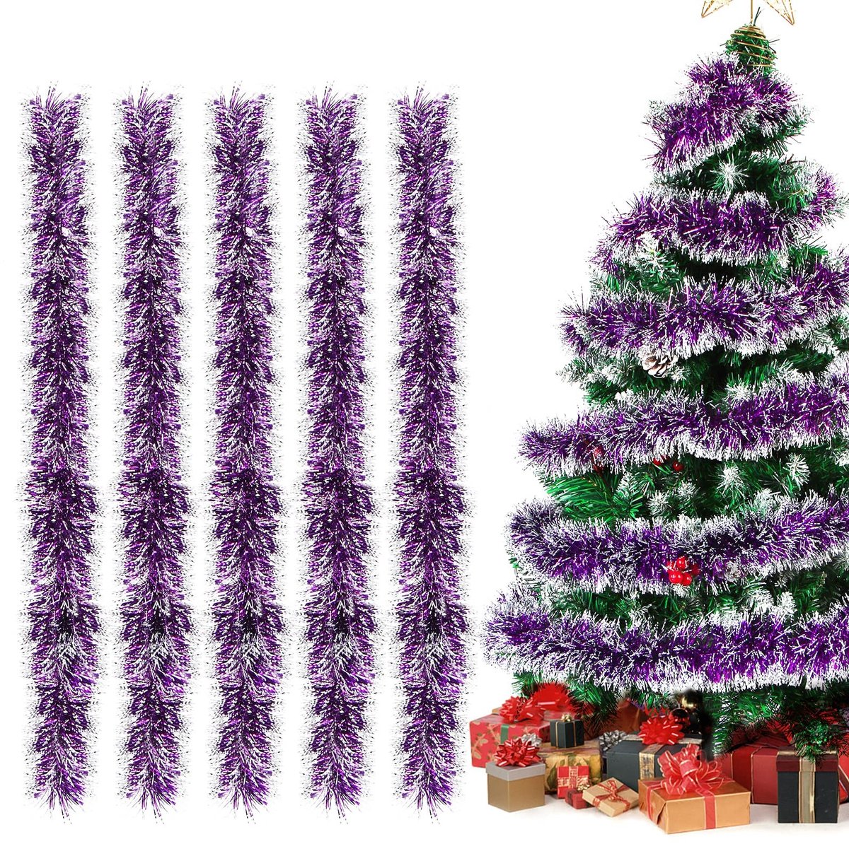 Dailygoods- Lametta Slinger 12 meter - Glanzend Kunststof - 5 Stuks - Kerstversiering - Veiligheidswaarschuwing - Decoratie voor Kerstboom