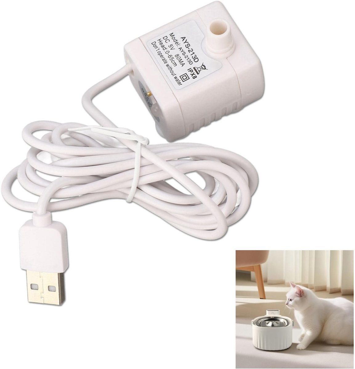 Dailygoods - Waterpomp - USB Waterpomp - Ultra-stil ontwerp - Wit - Kleine fonteinpomp - Geschikt voor huisdieren en vijvers - Model CSB01