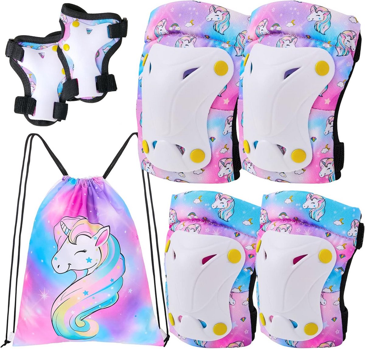 Kinderen Beschermingsset - Kniebeschermers Elleboogbeschermers - Buitensporten - Unicorn Design - 7-delig - Kleurrijk