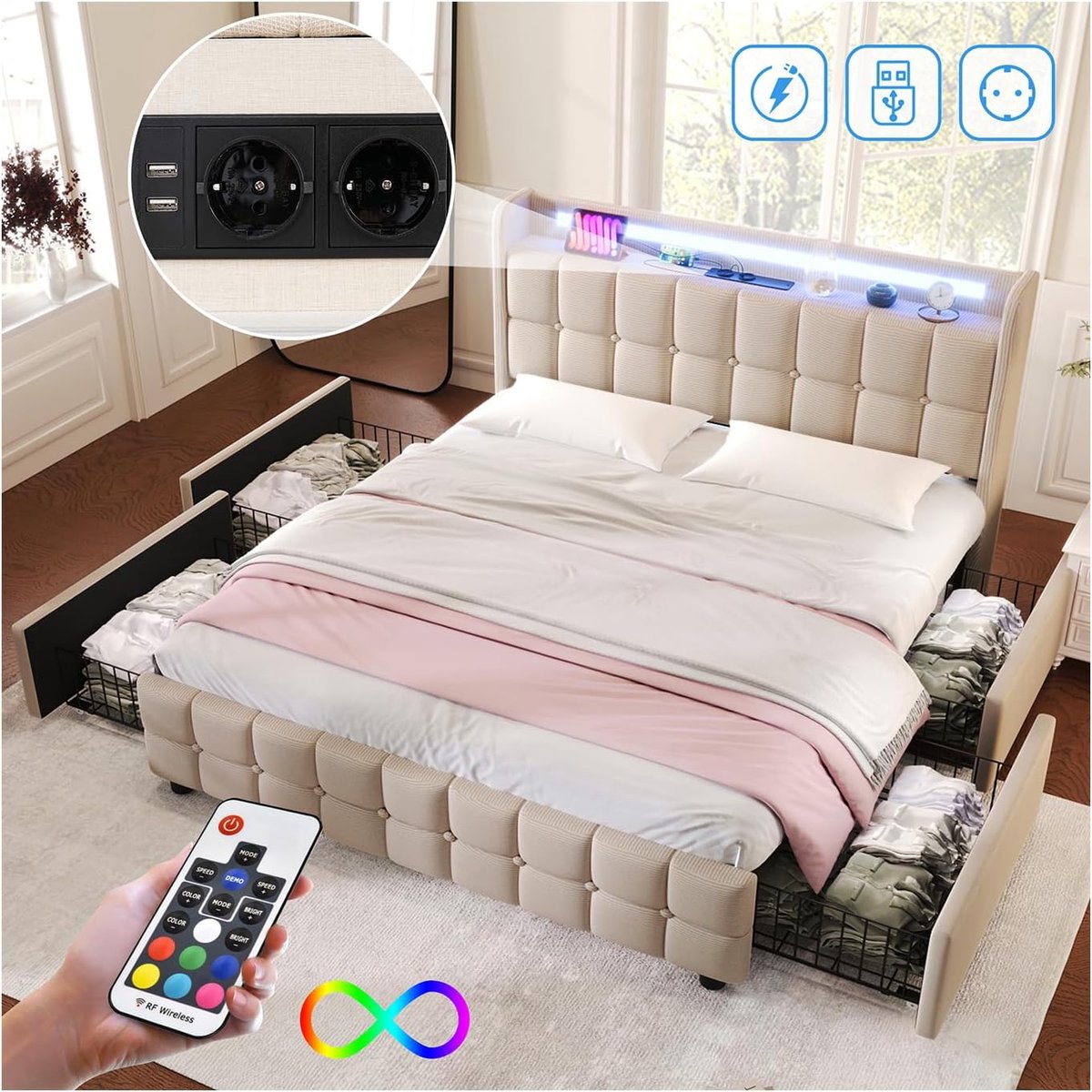 Tweepersoonsbed 180x200 met Opbergruimte, LED en USB-oplaadpunten