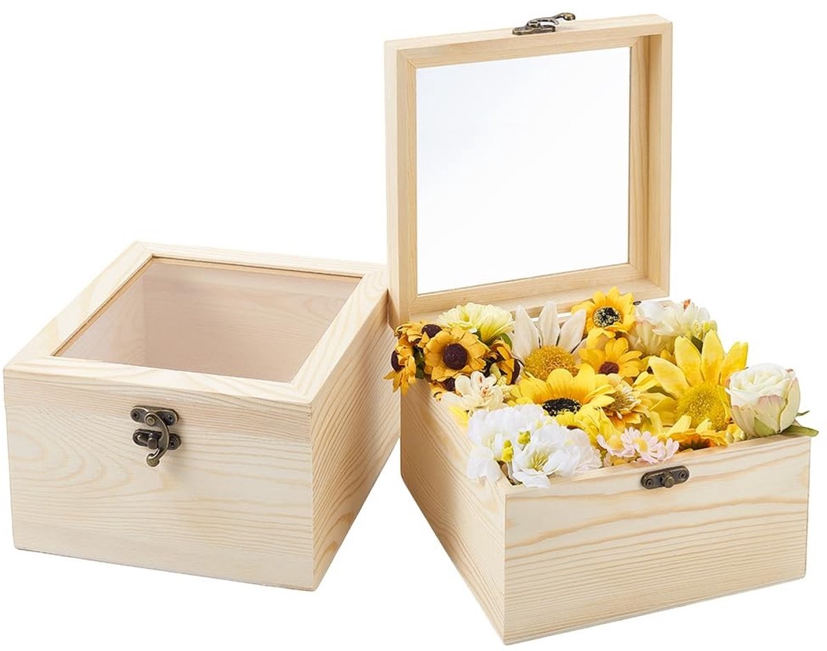 Dailygoods- Houten Kist 2 Stuks - Ongefinished Houten Opbergdozen - Scharnierend Deksel - Displaybox - Voor Sieraden/Accessoires - 18 x 18 x 11,4 cm - Opbergdoos