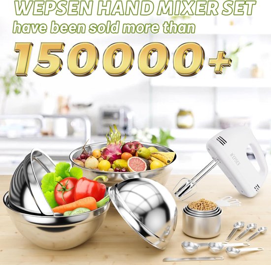 Elektrische Handmixer Set met Roestvrijstalen Mengkommen en Maatbekers — afbeelding 2