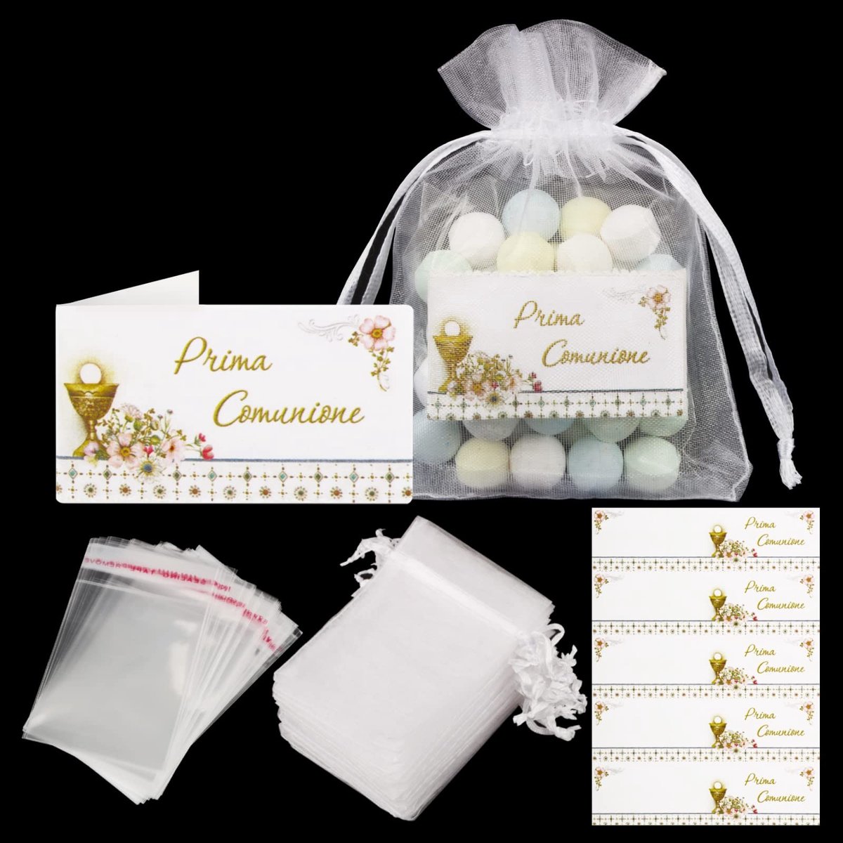 Dailygoods- Communiekaarten 50 Stuks - Organza Tassen 50 Stuks - OPP Tassen 100 Stuks - Feest Versiering - Cadeau Decoratie - Hoogwaardige Kwaliteit - Feestartikelen