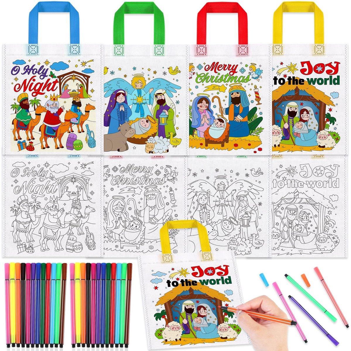 Dailygoods- Kersttas 12 Stuks - Doe-het-zelf Graffiti Tas - Niet-geweven Cadeauzak - Creatieve Activiteit - Polyester Materiaal - Kerststal Thema - Kleur Tas