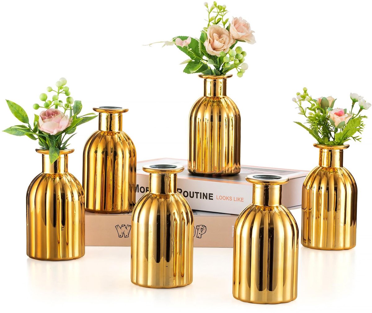 Dailygoods- Bloemenvaas Goud - 6 Stuks Kleine Vazen - Glazen Vazen - Vintage Decoratie - Bruiloft Centerpieces - Hoogte 14cm