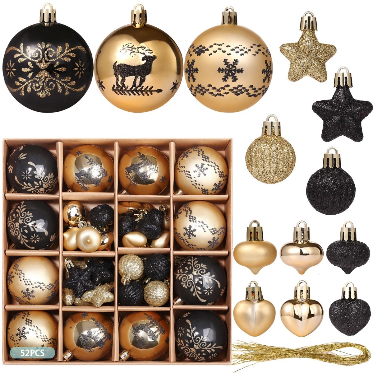 Dailygoods- Kerstballen Set van 52 - Kunststof - Wit/Zwart - Glitter - Druppelbestendig - Waterdicht - 8 Ontwerpen - Kerstversieringen