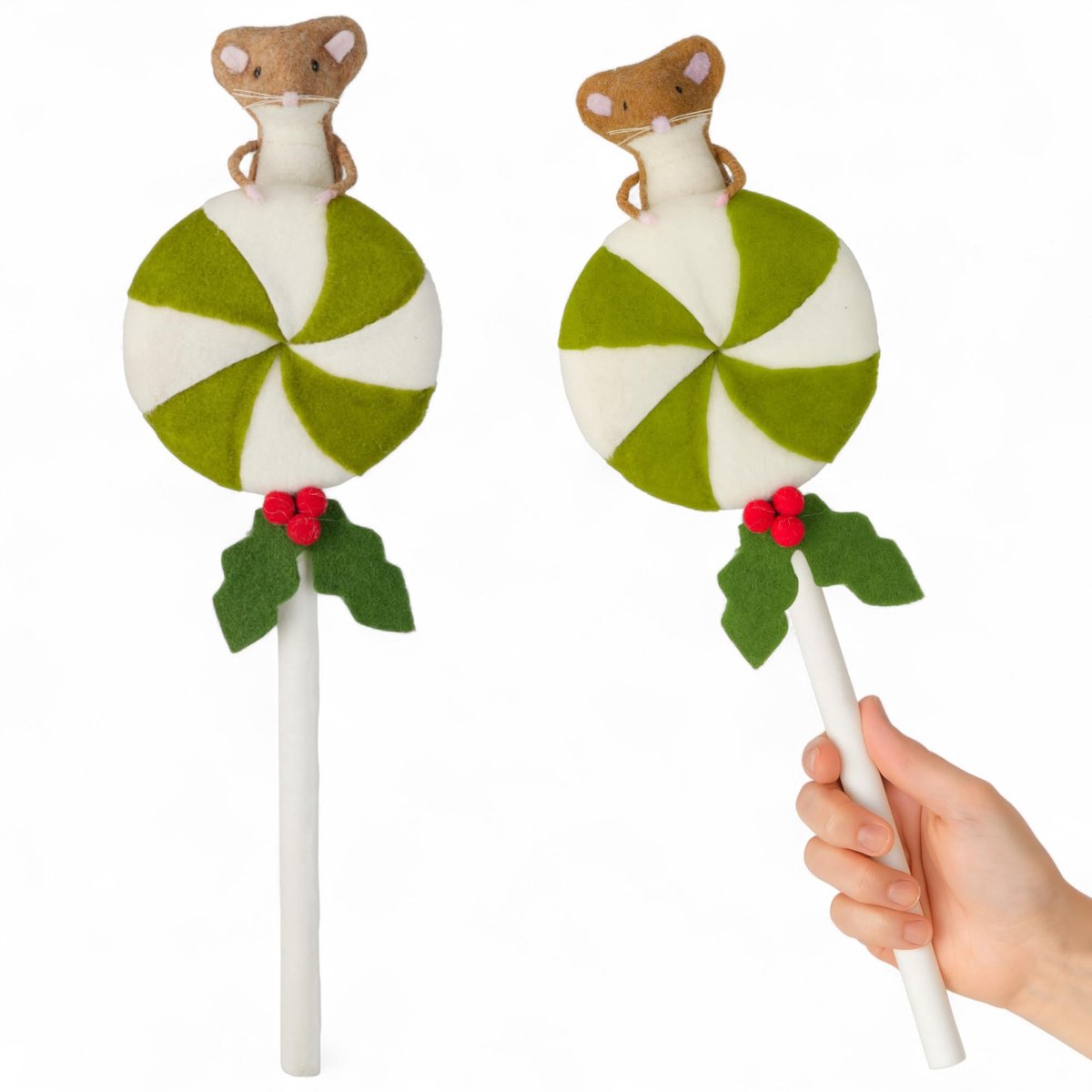 Dailygoods- Kerstdecoratie Muis op Lollipop - XL Viltdecoratie - Decoratieve Staaf - Winterdecoratie - Skandi-stijl - 53 cm Lang - Decoratie