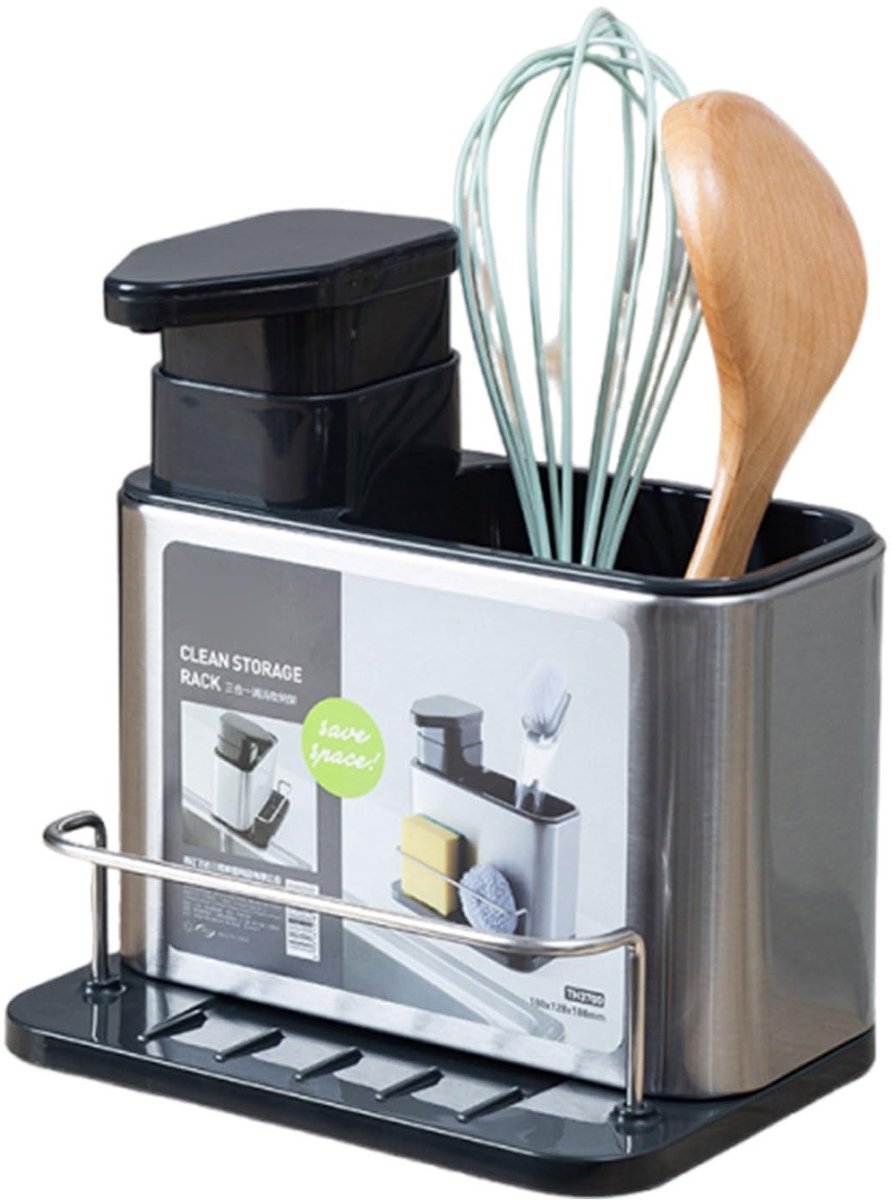 Dailygoods- Zeepdispenser Roestvrij Staal - Keukenzeepdispenser - Zeeppompje 3 in 1 - Sponsrek - Ruimtebesparend - Stevige Constructie