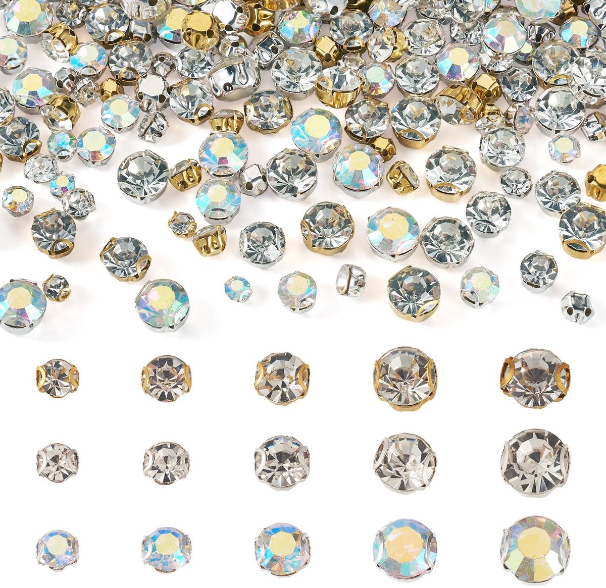 Dailygoods- Strass 300 Stuks - Platte Ronde Glazen Steentjes - Naaien Edelstenen - Kledingaccessoires - Goud/Zilver - 15 Stijlen - Kralen