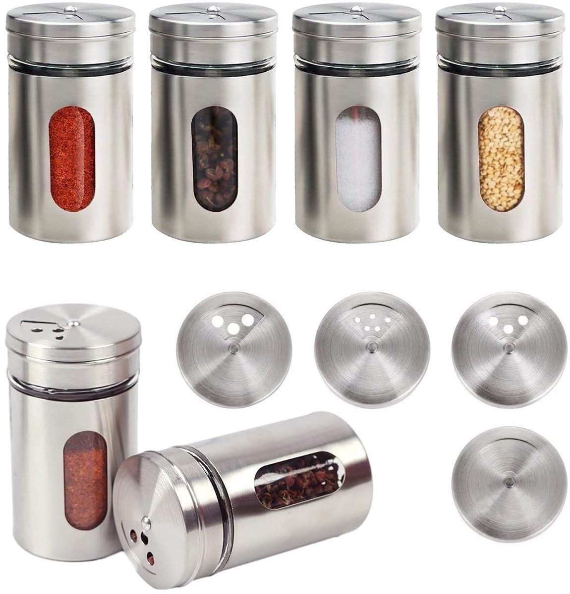 Dailygoods- Kruidenstrooier - 6 stuks - Ronde Kruidenpotjes - Roestvrij Staal - 100 ml - Luchtdicht met Kijkvenster