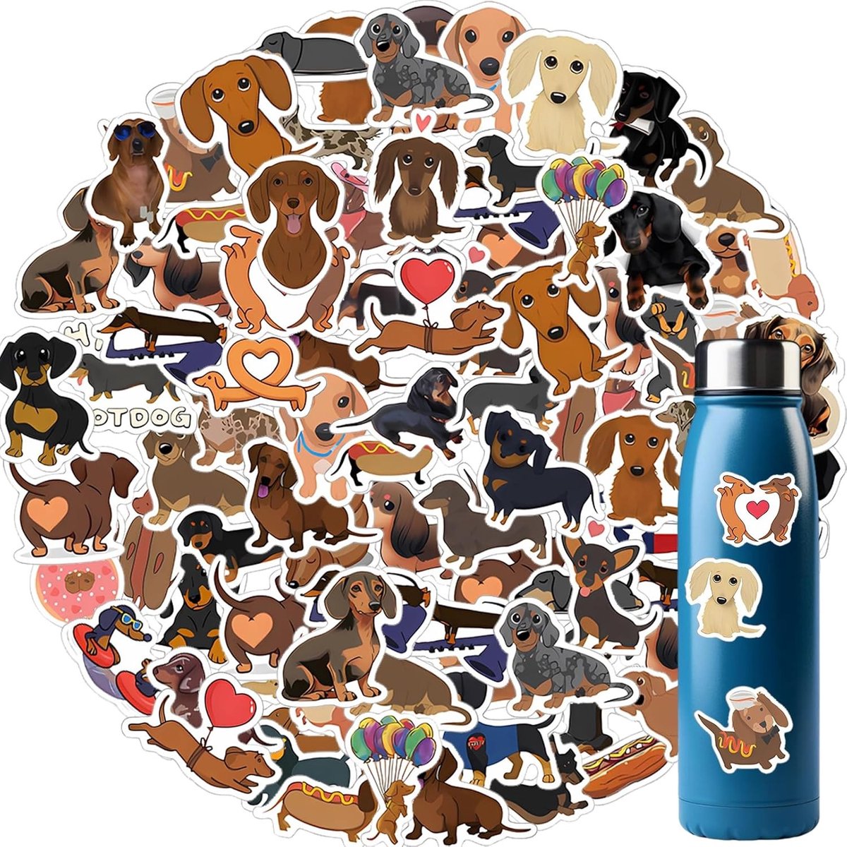 Dailygoods- Dachshund Stickers 60 Stuks - Kawaii Dierenstickers - Waterdichte PVC Stickers - Decoratie voor Waterflessen/Laptops - Duurzaam en Kleurrijk