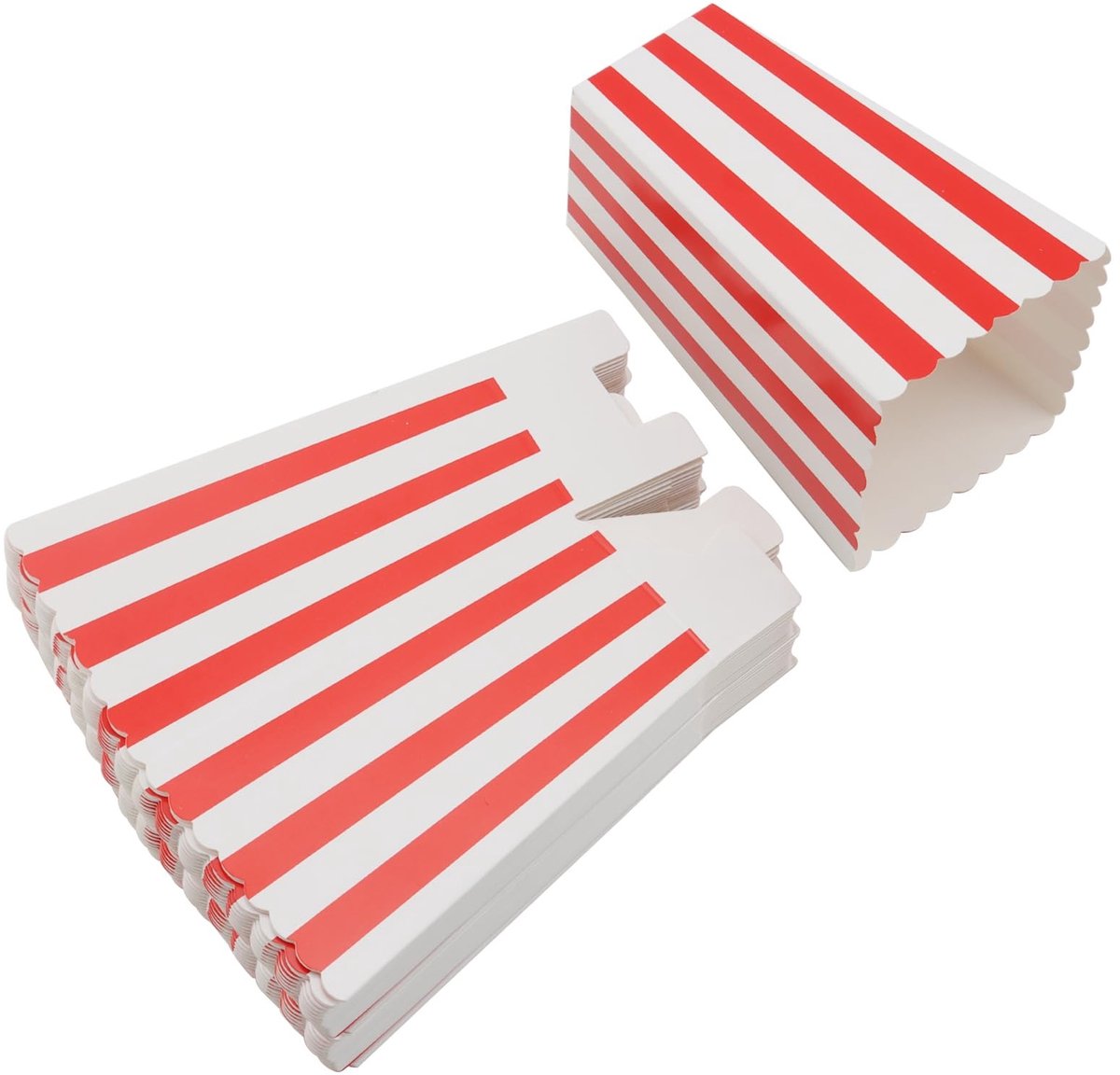 Dailygoods- Popcorndozen 100 stuks - 7 x 5 x 11,5 cm - Gestreepte Papieren Snackdozen - Lekvrij Ontwerp - Ideaal voor Filmavonden - Eenvoudig te Monteren - Popcornbakjes