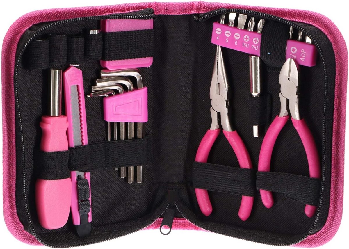 Gereedschapsset 26-delig - Huishoudgereedschap set - Kleine reparaties - Compact etui met rits - 26 stuks - Roze