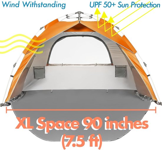 Strandtent Pop-up - Schaduwtent Beschutting - Zon Beschermen - Eenvoudige Installatie - XL 4 Personen - Oranje — afbeelding 5