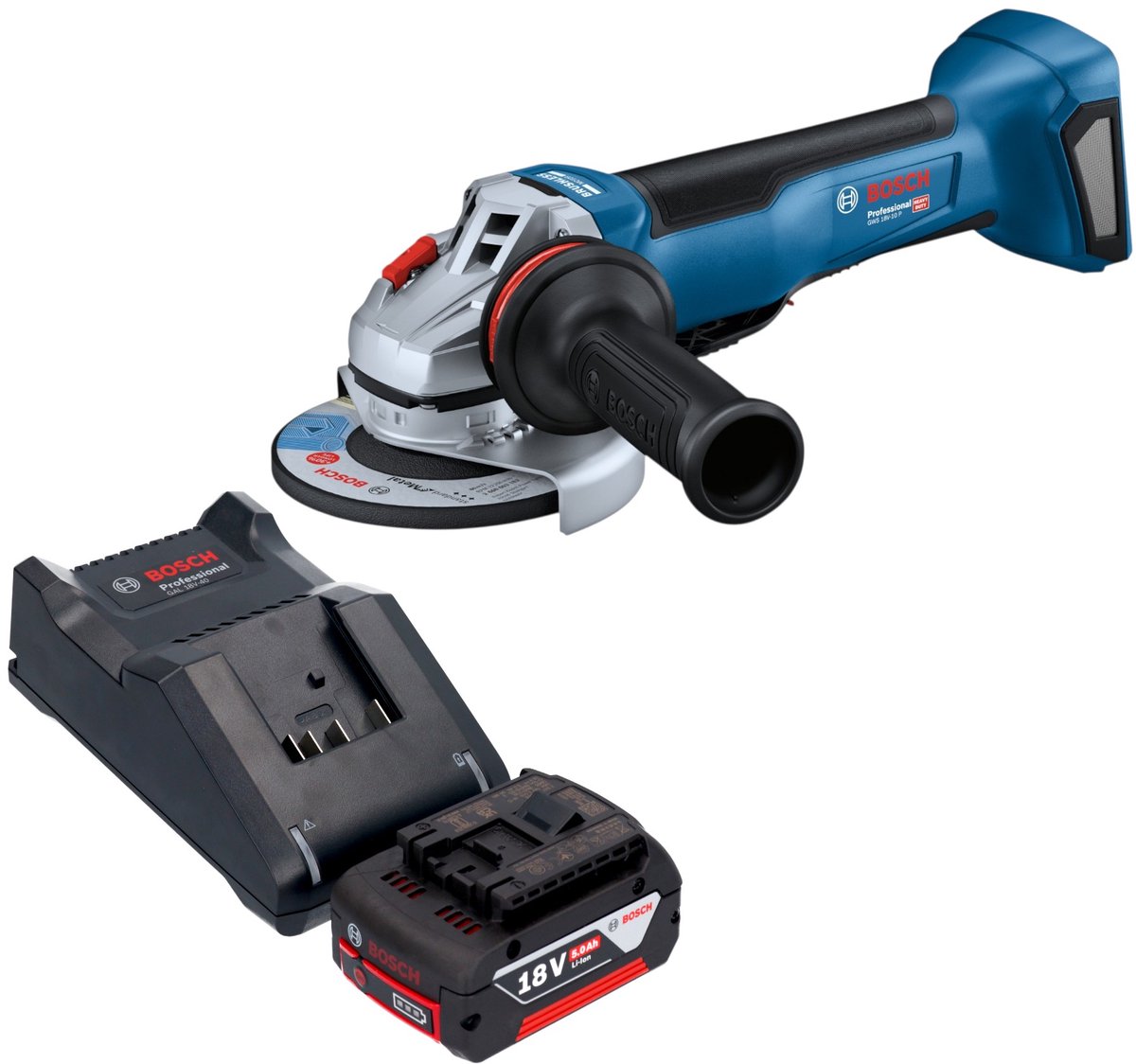 Bosch GWS 18V-10 P Professional accu-haakse slijper 18 V 125 mm borstelloos + 1x accu 5,0 Ah + oplader