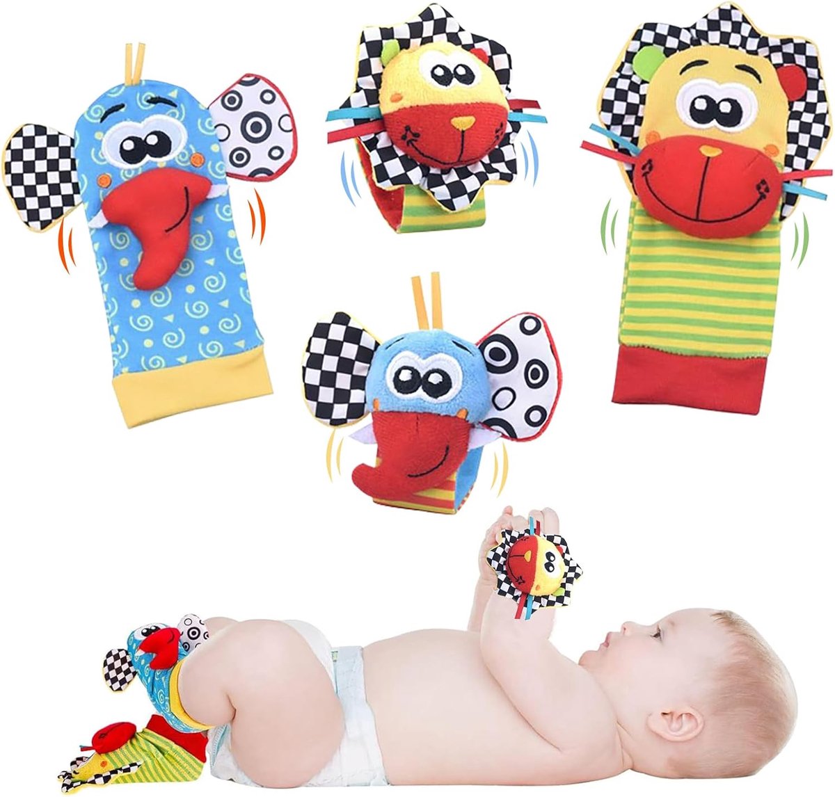 Babyspeelgoed set - Rammelaarsokken voetvinders - Vroege ontwikkeling stimuleren - Zachte ademende stof - 4 stuks - Meerkleurig