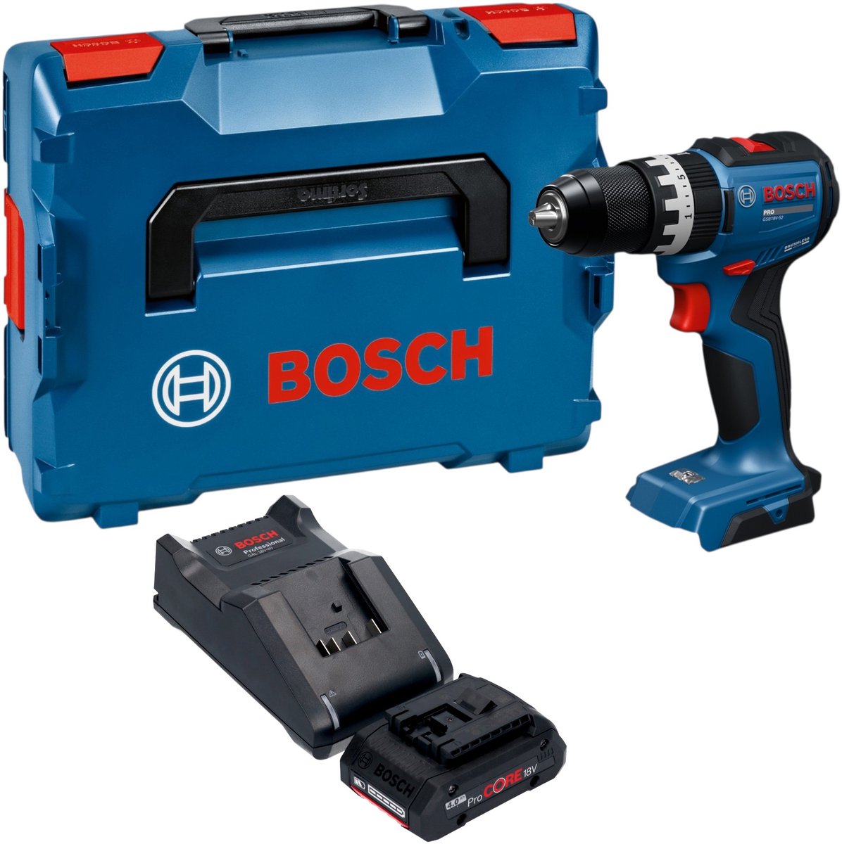 Bosch GSB 18V-52 Professional accu-slagboormachine 18 V 70 Nm borstelloos + 1x ProCORE-accu 4,0 Ah + oplader + L-Boxx