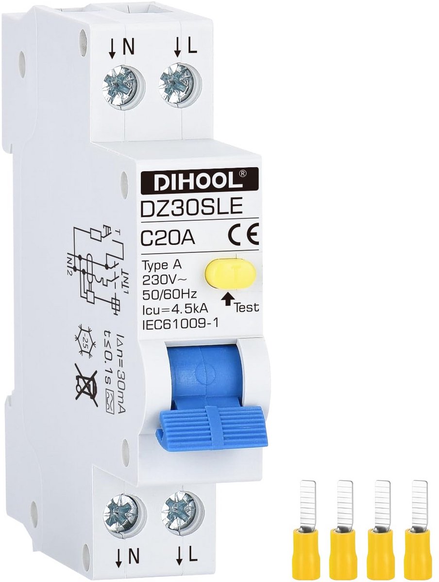 Aardlekschakelaar - Stroomonderbreker FI - Circuitbescherming - Type A 30mA - 18mm breed - Wit