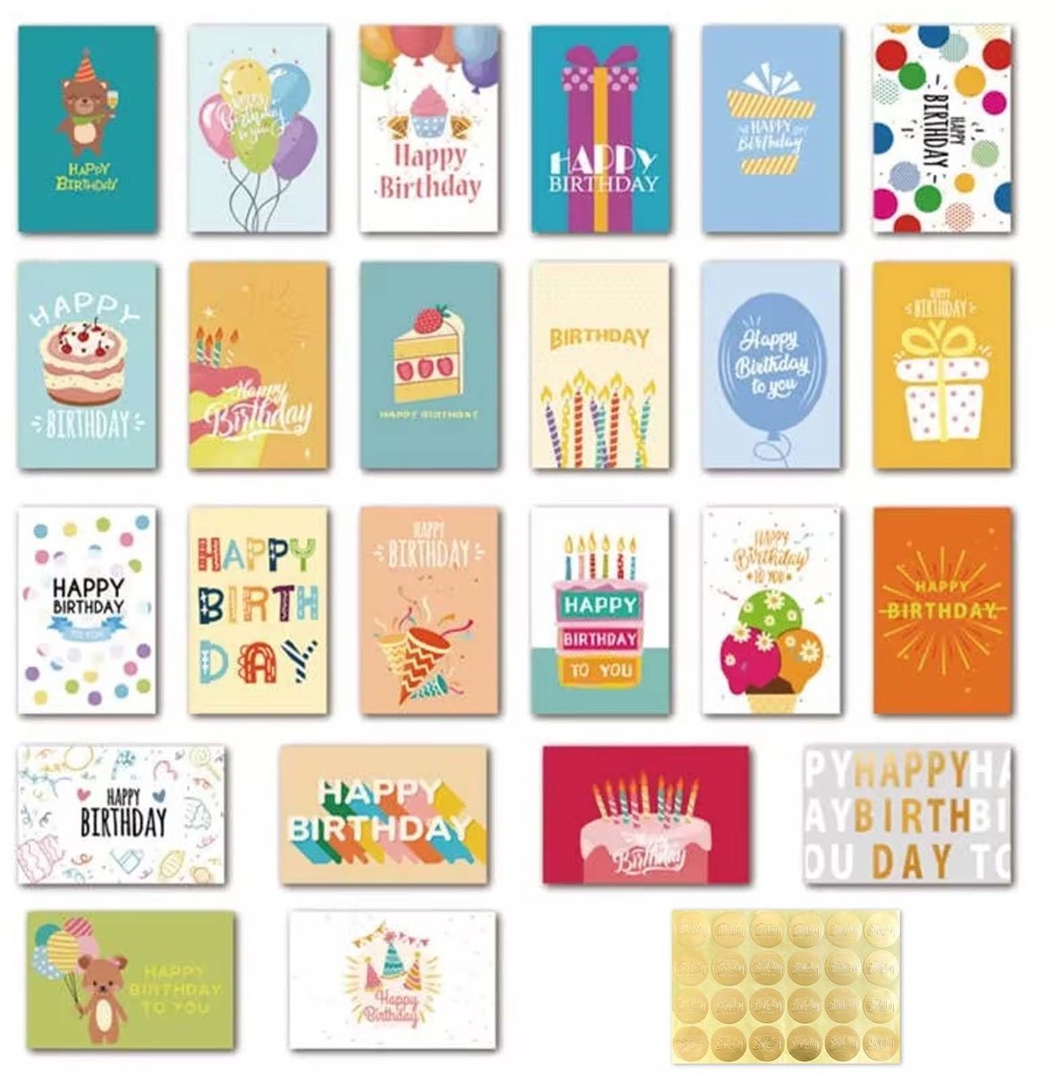 Dailygoods- Verjaardagskaarten set van 24 - Wenskaarten met enveloppen - Blanco kaarten - Stijlvolle ontwerpen - Kaartformaat 20 x 15 cm