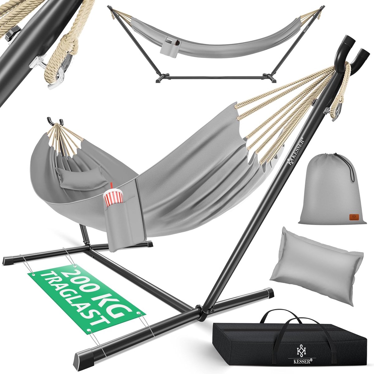 Dubbele Hangmat - Met frame - Ontspannen Buiten - 200 kg draaglast - XXL formaat - Grijs