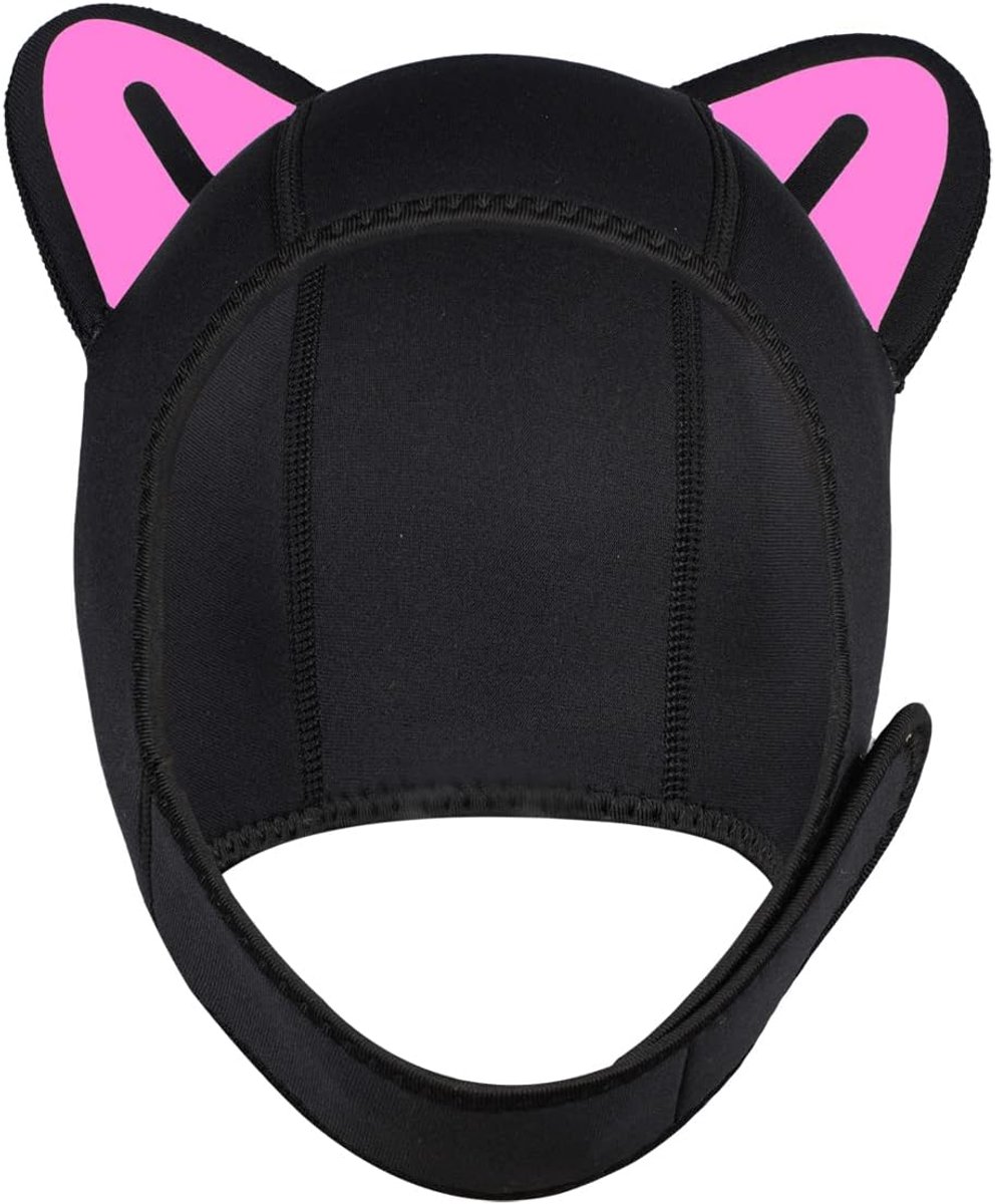 Neopreen duikmuts met kattenoortjes, kinderduikmuts met ventilatieopening, Geschikt voor snorkelen, zwemmen en watersporten (roze).