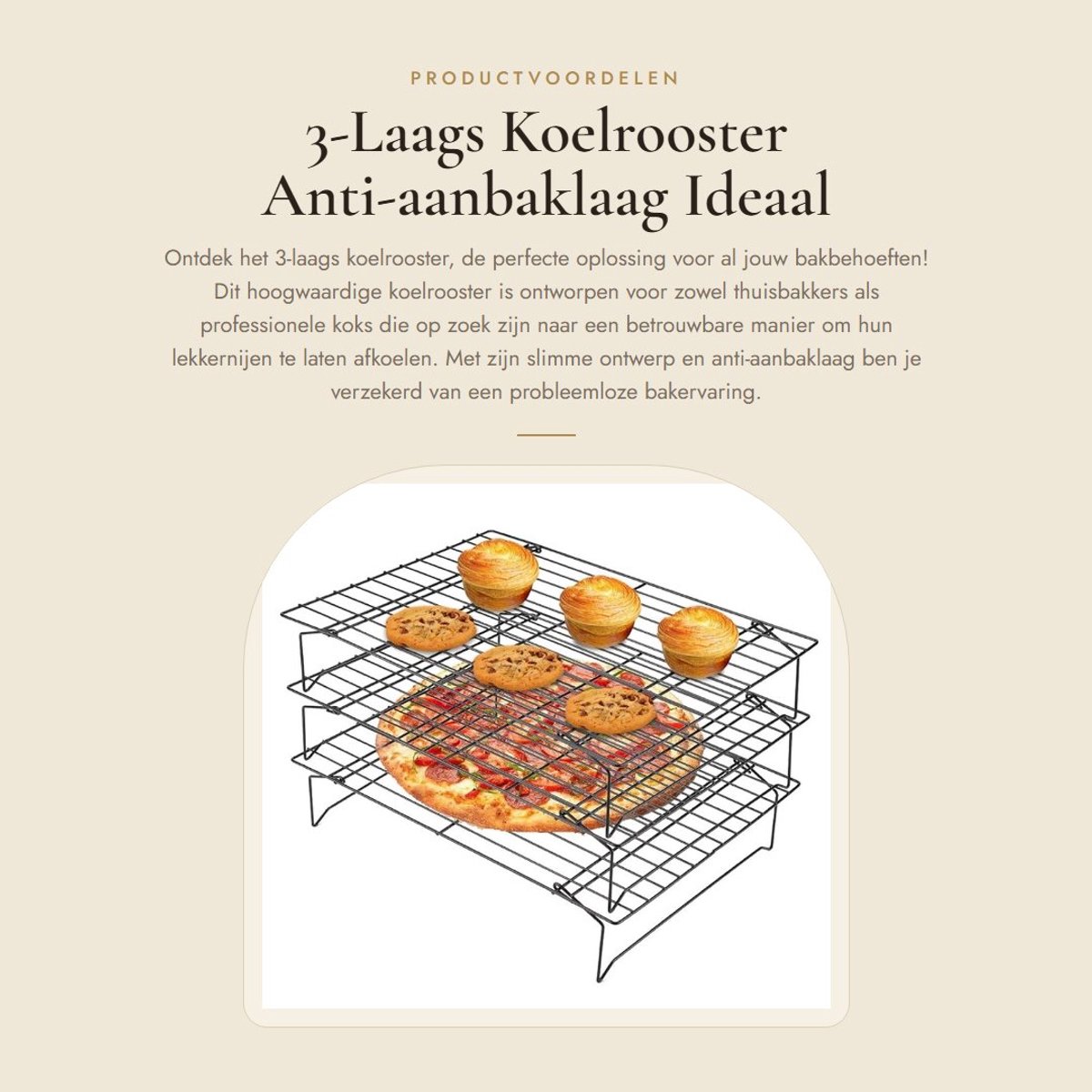 Dailygoods- Koelrooster 3-Laags - Roestvrij Staal - Anti-aanbaklaag - Gelijkmatige Koeling - Geschikt voor Koekjes/Cake - 34 x 24,5 x 19,5 cm - Bakrooster