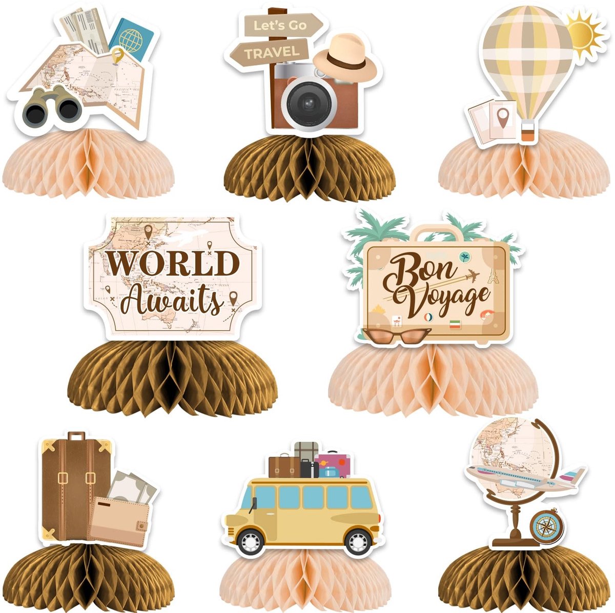 Dailygoods- Reizen Party Decor - 8 stuks Honingraat Centerpieces - Wereldkaart Decoraties - Feestdecoratie - Verjaardag/Babyshower - Avontuurlijke Reis Thema