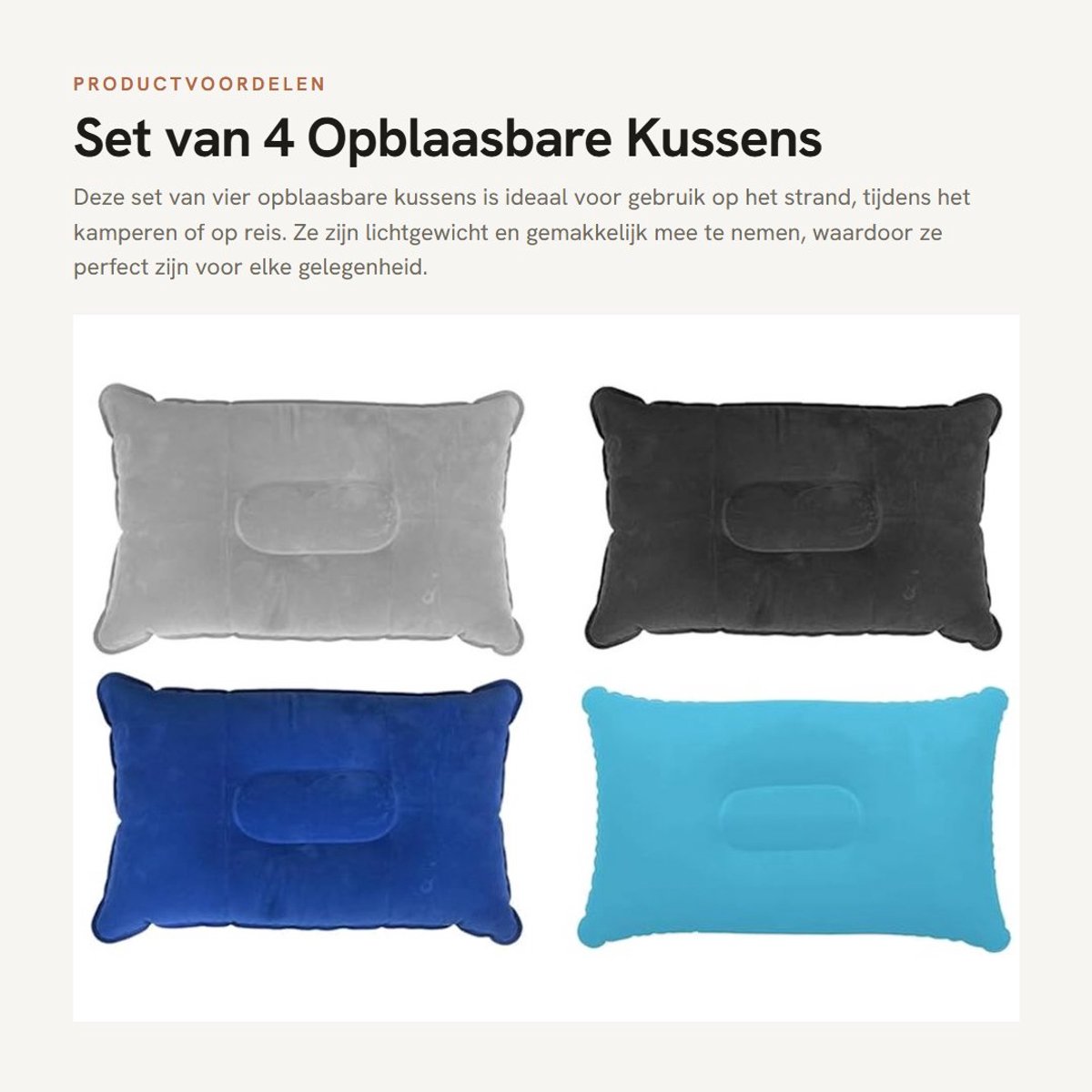Dailygoods- Opblaasbaar Kussen 34x22cm - Draagbaar Kussen - Zonnebank Kussen - Nekkussen - Voor Kamperen/Vliegtuig - Zacht Flockmateriaal - Reiskussen