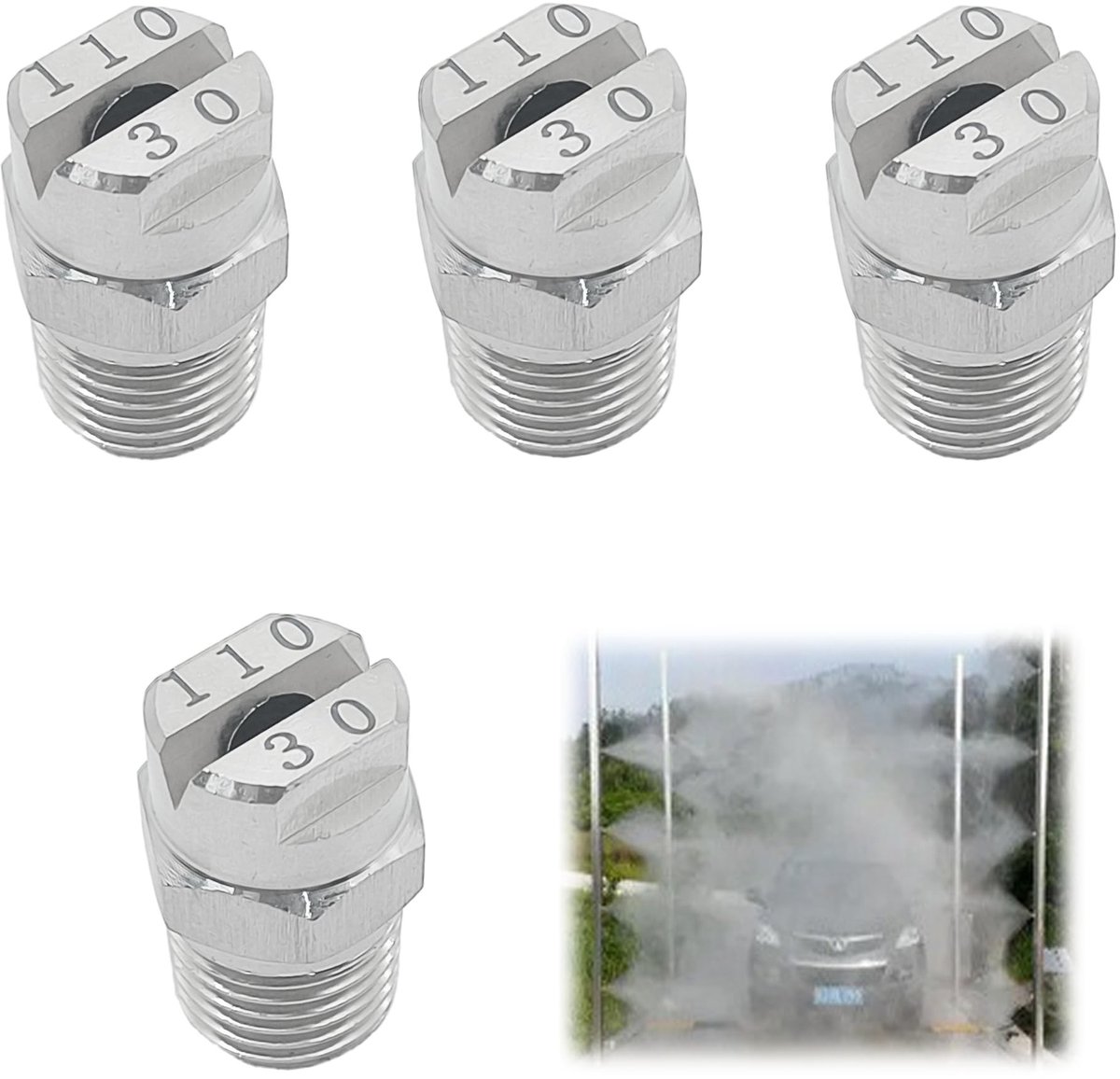 Dailygoods- Hogedruksproeimondstuk 110 Graden - 4 Stuks - 3,0 mm Opening - 1/4 BSPT Buitendraad - Roestvrij Staal - Ideaal voor Reinigen - Sproeimondstuk
