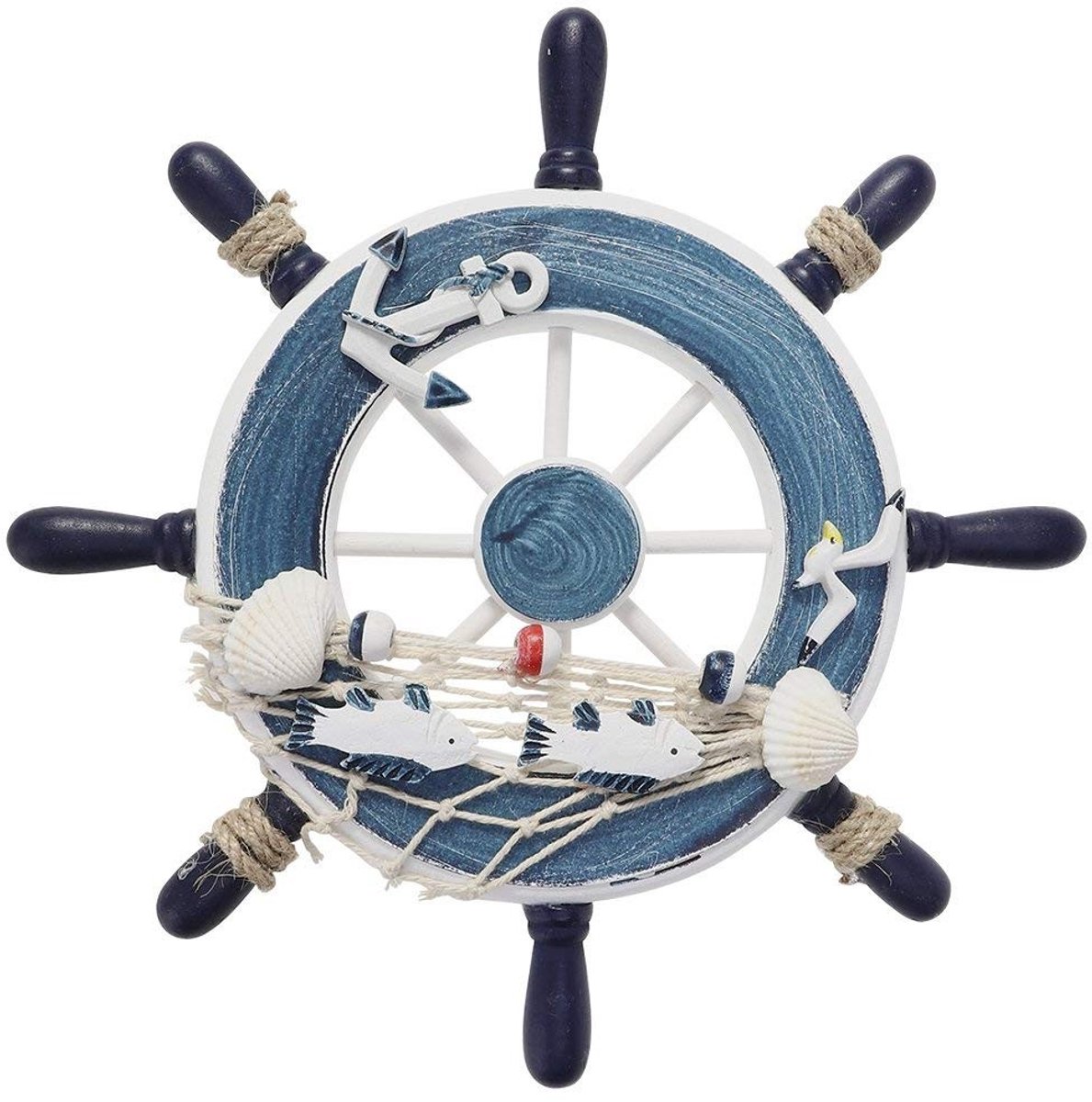 Dailygoods- Decoratie Hout Nautisch - Wanddecoratie - Scheepswiel - Stranddecoratie - Maritieme Muurkunst - Totale Diameter 23 cm