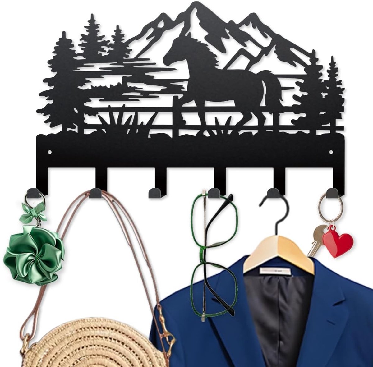 Dailygoods- Sleutelhaak met Paardenwilg Design - Wandkapstok - 6 Haken - Metalen Beugel - Bergweide Motief - 40 × 25 cm - Kapstok