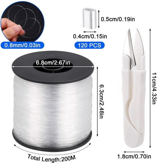 Dailygoods- Visdraad Transparant 0,6 mm - Nylon Draad - Kralen - Aluminium Krimphulzen - Schaar - 200 m Lengte - Nylondraad van Dailygoods — afbeelding 2