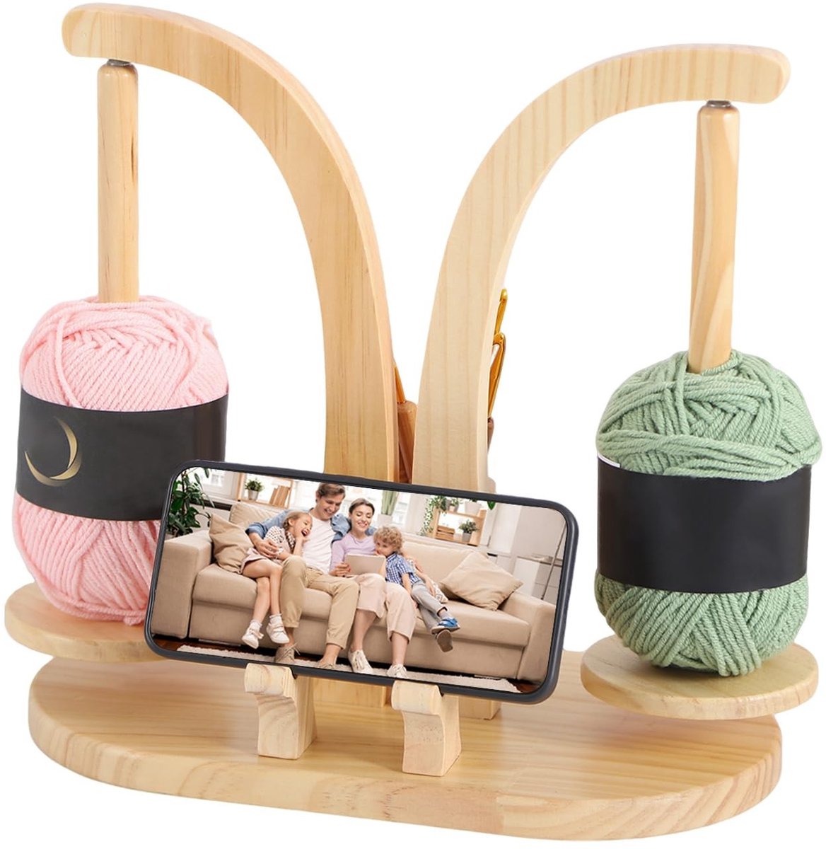 Dailygoods- Wolroller magnetisch - Houten garenhouder - Organizer voor wol - Roterende kluwenhouder - Inclusief telefoonhouder - Geschikt voor brei- en haakprojecten