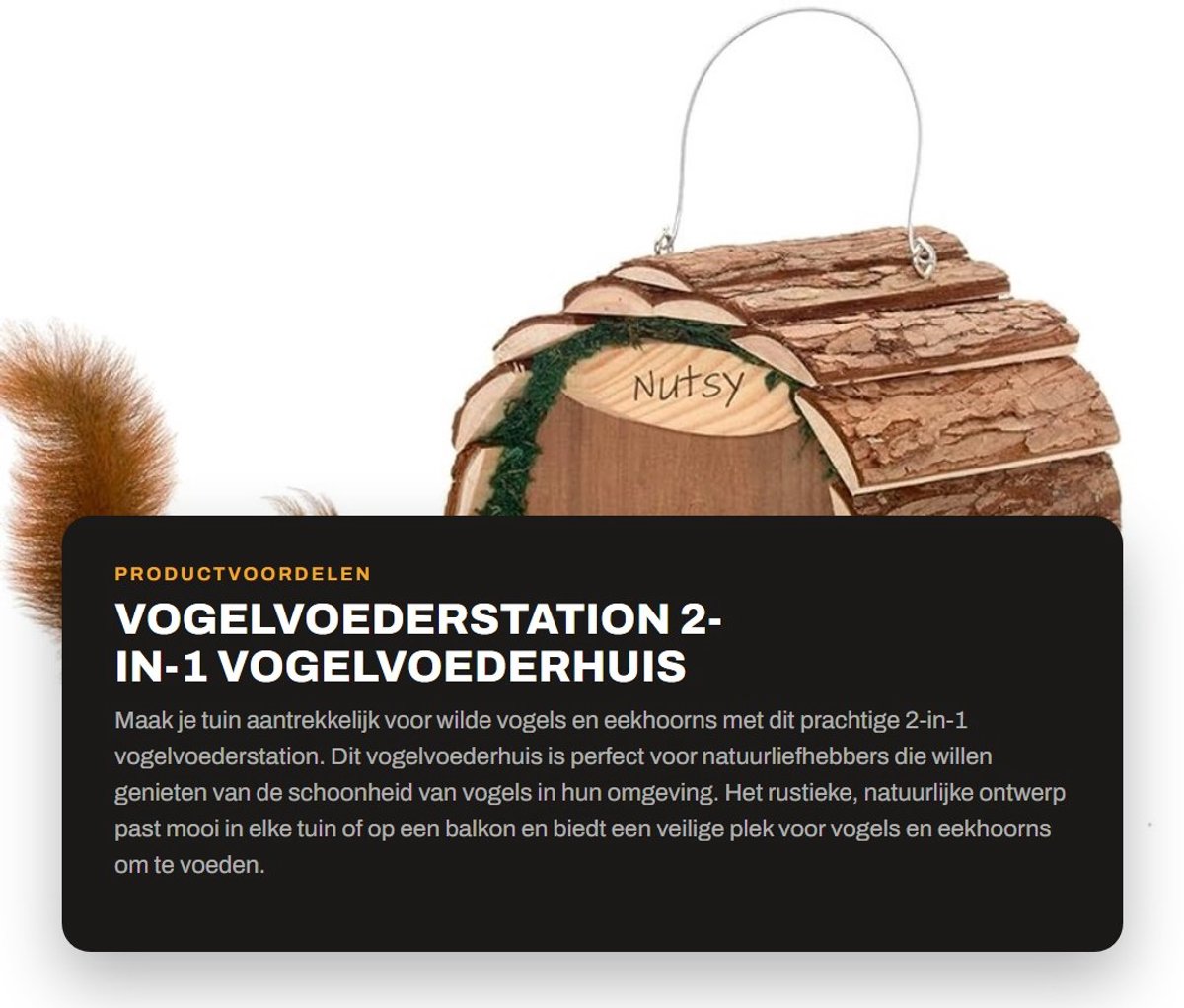 Dailygoods- Vogelvoederstation 2-in-1 - Voederhuisje voor vogels - Eekhoornvoederhuis - Weerbestendig - Houten - Capaciteit 750 g pinda's - Voederhuis
