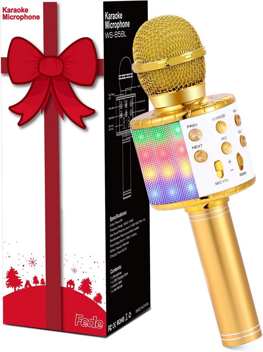 Karaoke Microfoon - Draadloze Speaker - Muziek Zingen - Kleurrijke LED Verlichting - 7 x 7 x 7 cm - Goud