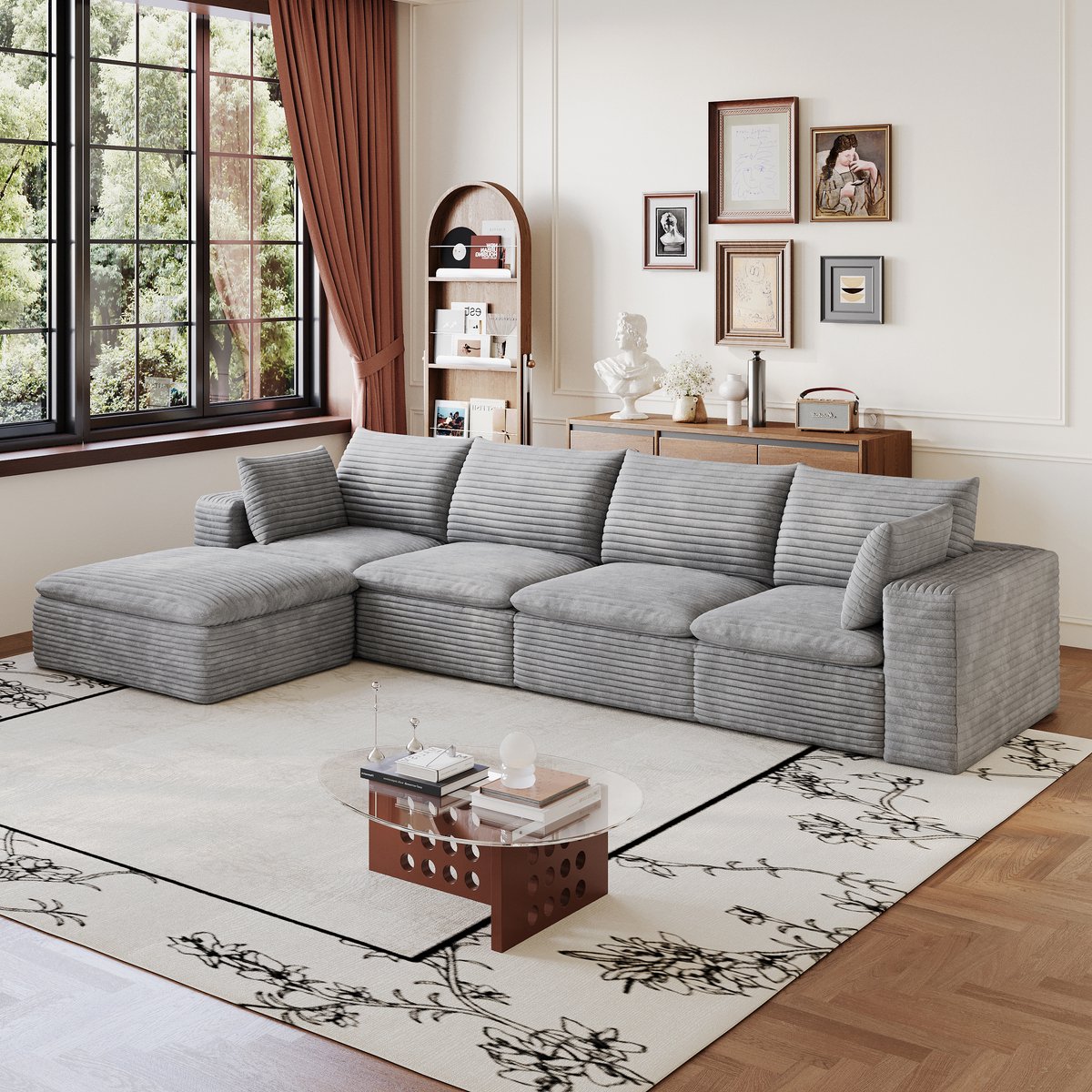 MIVRAY Hoekbank 340 cm - Modulair Dubbel Laag Ontwerp Met Afneembare Bekleding - Voor Woonkamer En Slaapkamer - Stof Grijs
